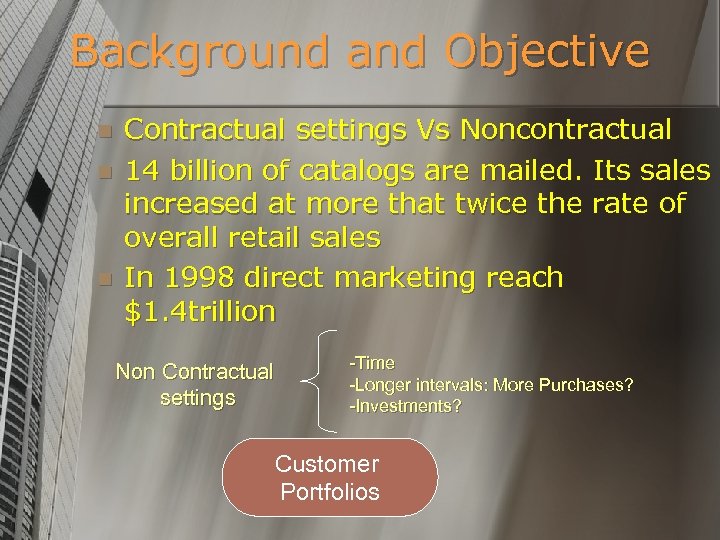 Background and Objective n n n Contractual settings Vs Noncontractual 14 billion of catalogs