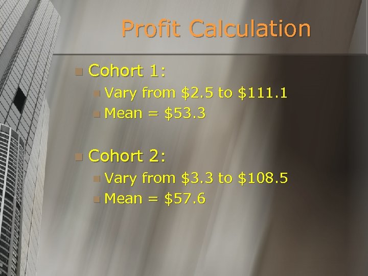 Profit Calculation n Cohort 1: n Vary from $2. 5 to $111. 1 n