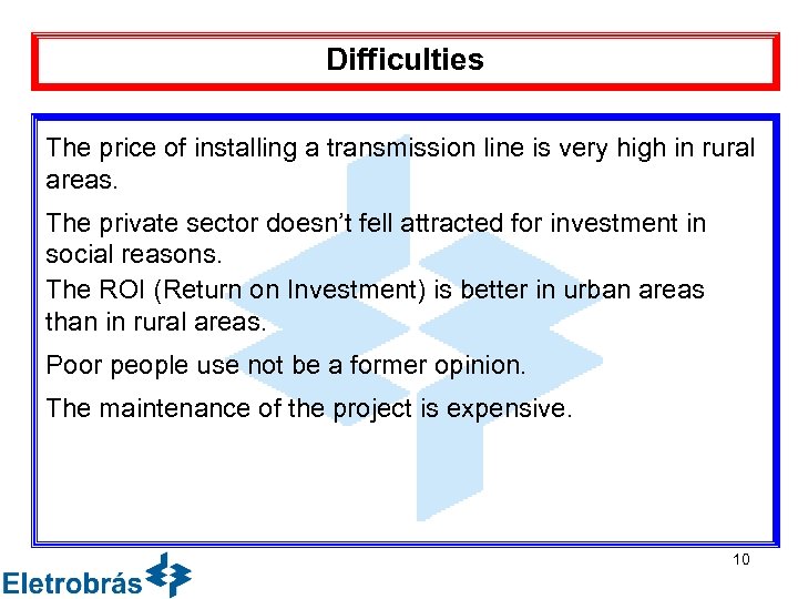Difficulties The price of installing a transmission line is very high in rural areas.