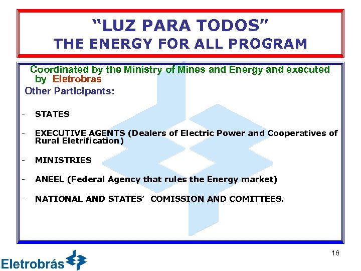 “LUZ PARA TODOS” THE ENERGY FOR ALL PROGRAM Coordinated by the Ministry of Mines