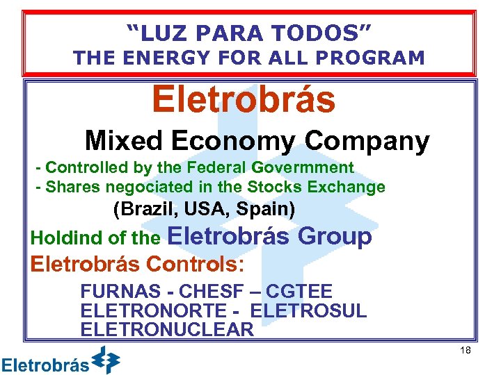 “LUZ PARA TODOS” THE ENERGY FOR ALL PROGRAM Eletrobrás Mixed Economy Company - Controlled