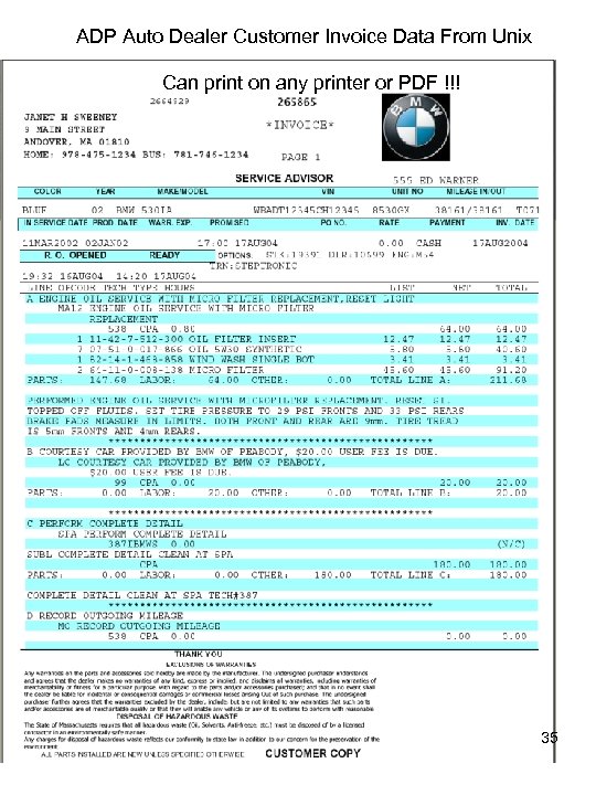 ADP Auto Dealer Customer Invoice Data From Unix Can print on any printer or