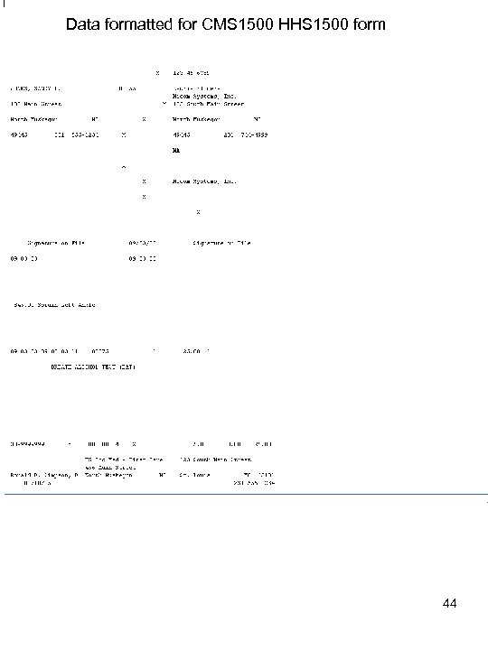 Data formatted for CMS 1500 HHS 1500 form 44 