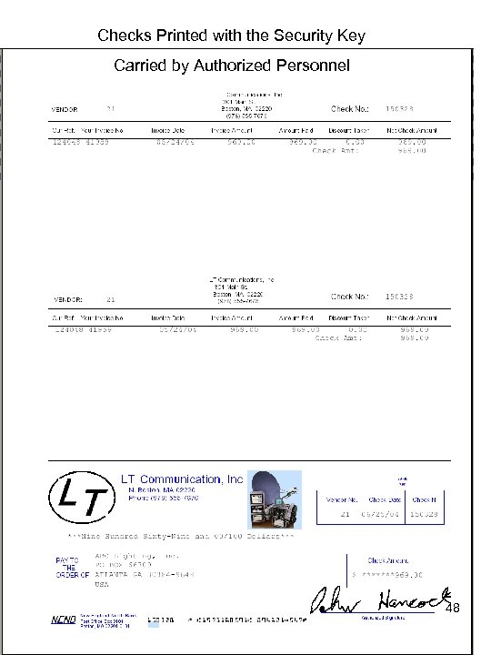 Checks Printed with the Security Key Carried by Authorized Personnel 48 