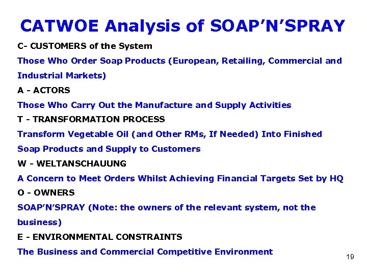 CATWOE Analysis of SOAP’N’SPRAY C- CUSTOMERS of the System Those Who Order Soap Products