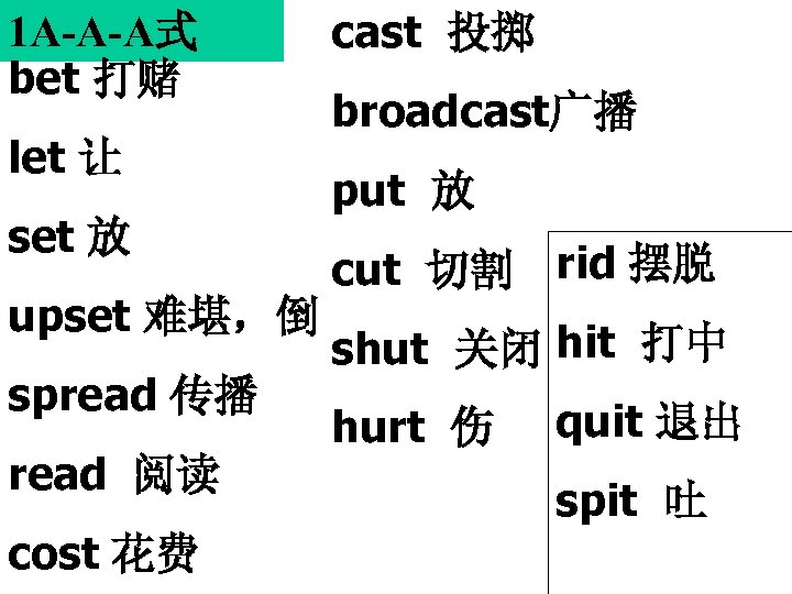 1 A-A-A式 bet 打赌 let 让 set 放 upset 难堪，倒 spread 传播 read 阅读