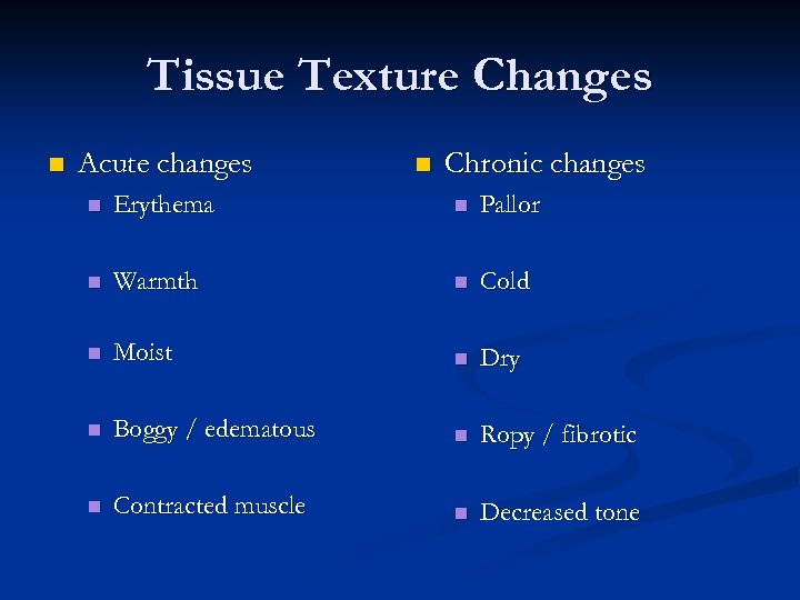 Tissue Texture Changes n Acute changes n Chronic changes n Erythema n Pallor n