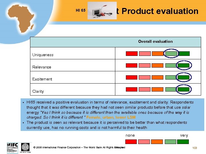 HI 65 Test Product evaluation Overall evaluation Uniqueness Relevance Excitement Clarity § § HI