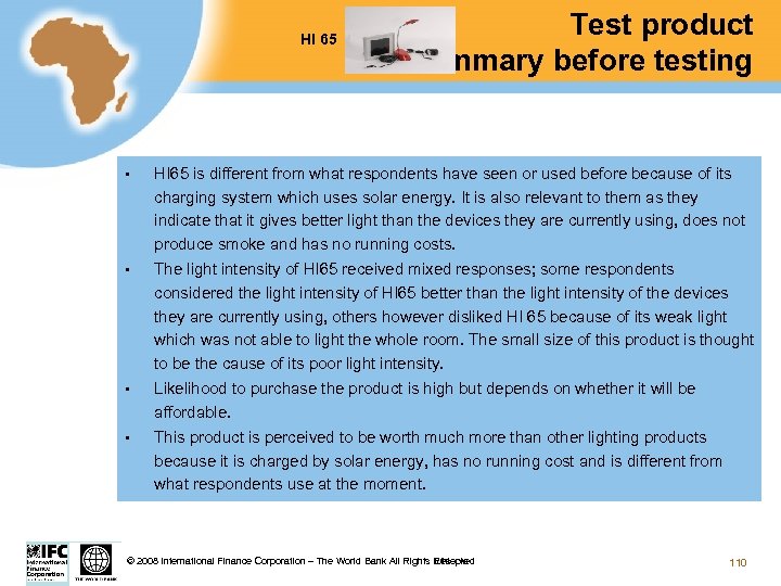 HI 65 Test product summary before testing § HI 65 is different from what