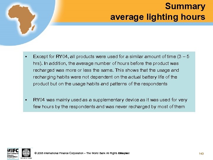Summary average lighting hours § Except for RY 04, all products were used for