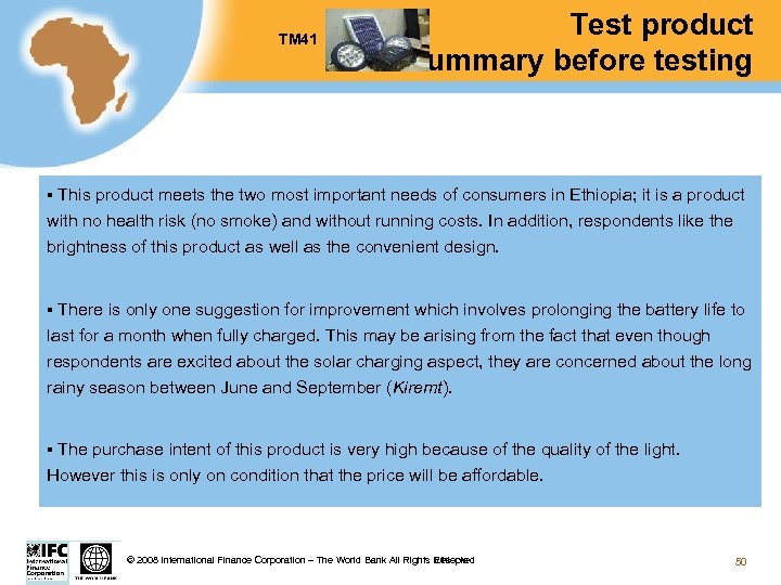 TM 41 Test product summary before testing This product meets the two most important