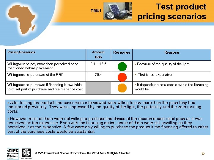 Test product pricing scenarios TM 41 Pricing Scenarios Amount Response Reasons US$ Willingness to
