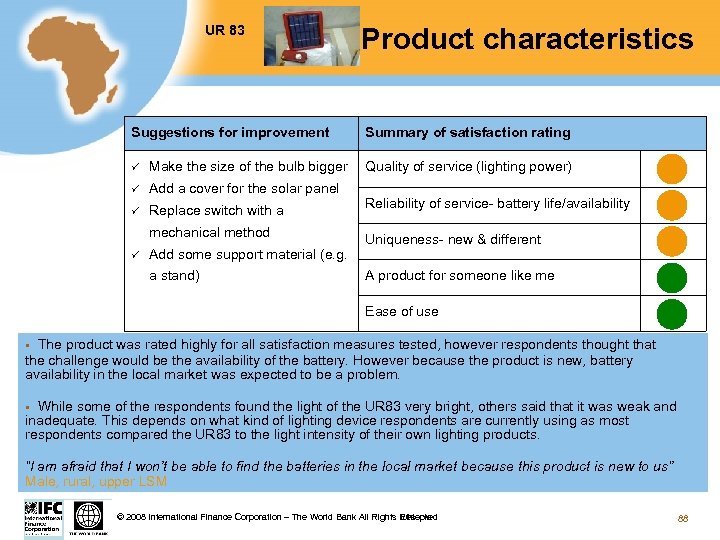 UR 83 Test Product characteristics Suggestions for improvement ü Make the size of the