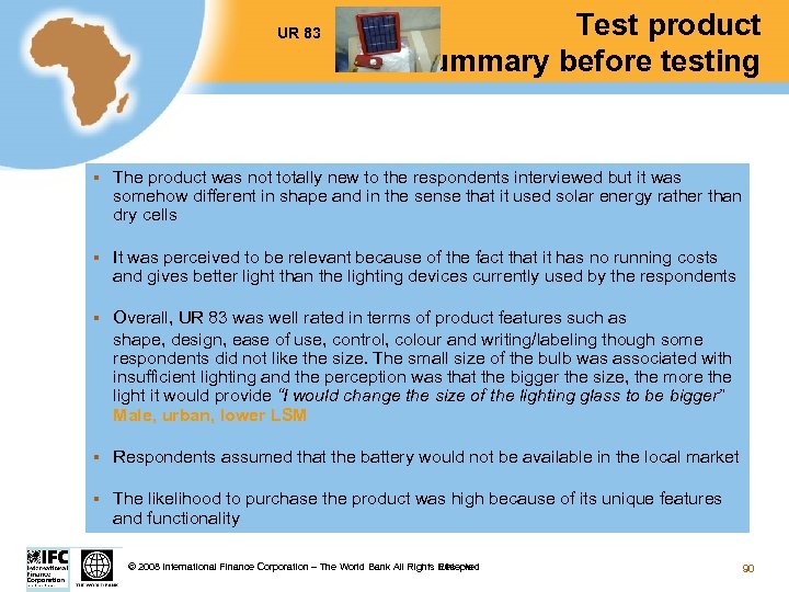 UR 83 Test product summary before testing § The product was not totally new