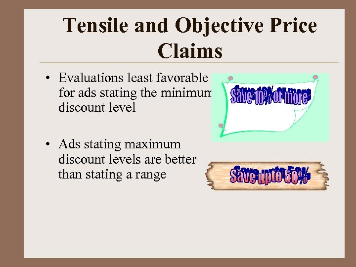 Tensile and Objective Price Claims • Evaluations least favorable for ads stating the minimum