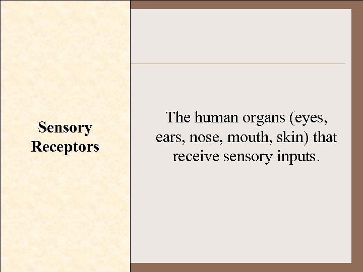 Sensory Receptors The human organs (eyes, ears, nose, mouth, skin) that receive sensory inputs.