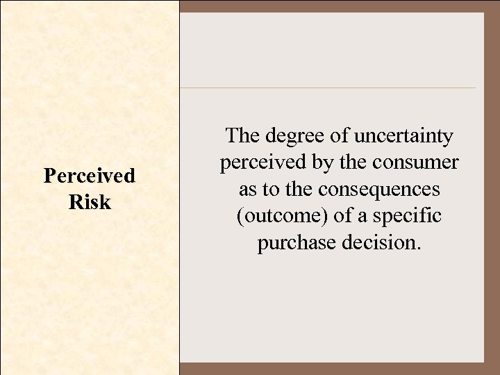 Perceived Risk The degree of uncertainty perceived by the consumer as to the consequences