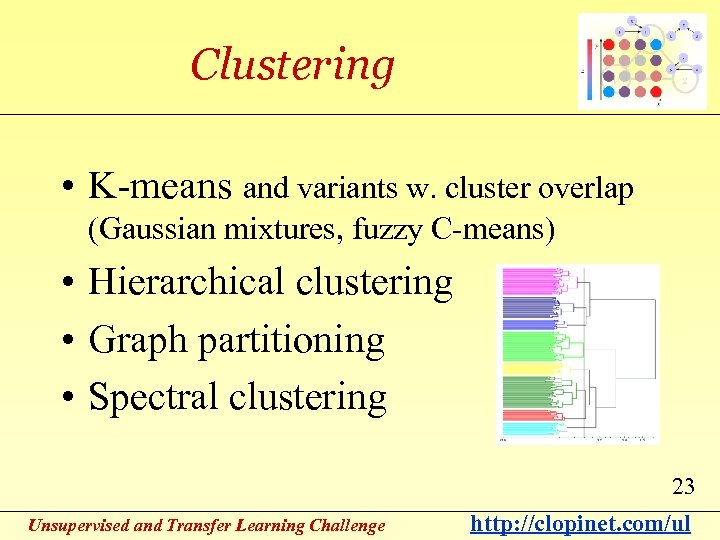 Clustering • K-means and variants w. cluster overlap (Gaussian mixtures, fuzzy C-means) • Hierarchical