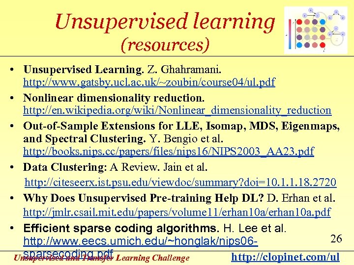 Unsupervised learning (resources) • Unsupervised Learning. Z. Ghahramani. http: //www. gatsby. ucl. ac. uk/~zoubin/course