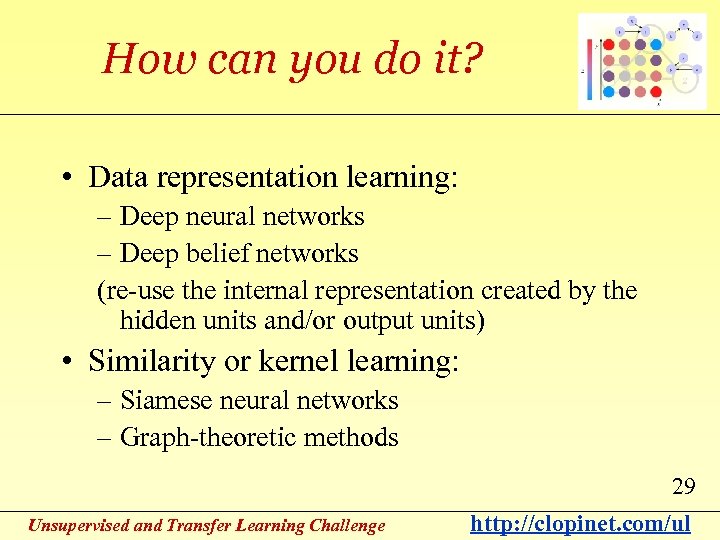 How can you do it? • Data representation learning: – Deep neural networks –