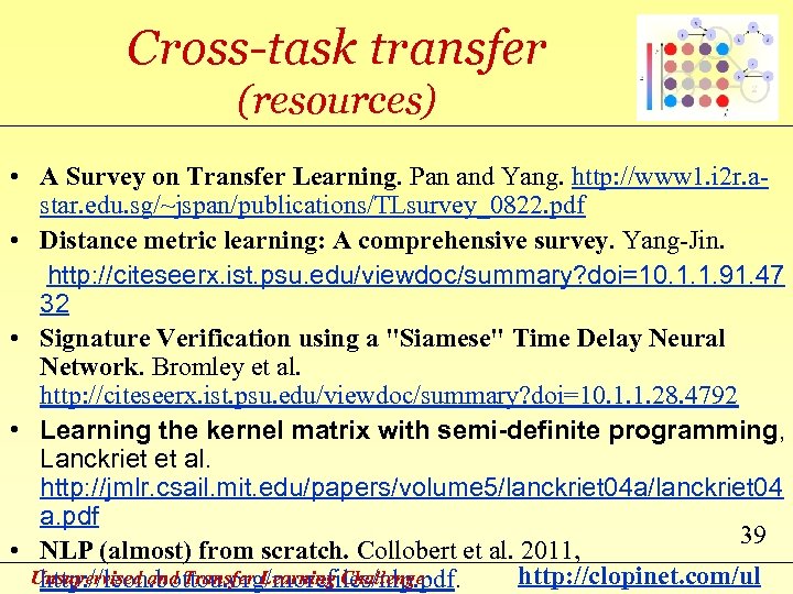 Cross-task transfer (resources) • A Survey on Transfer Learning. Pan and Yang. http: //www
