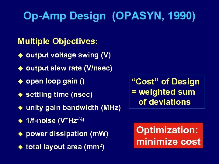 Op-Amp Design (OPASYN, 1990) Multiple Objectives: u output voltage swing (V) u output slew