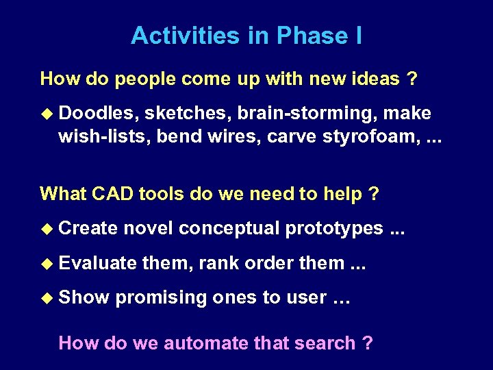 Activities in Phase I How do people come up with new ideas ? u