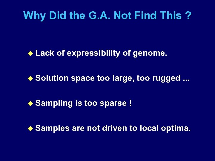 Why Did the G. A. Not Find This ? u Lack of expressibility of