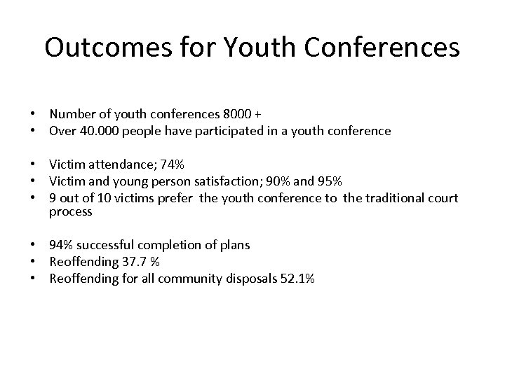 Outcomes for Youth Conferences • Number of youth conferences 8000 + • Over 40.