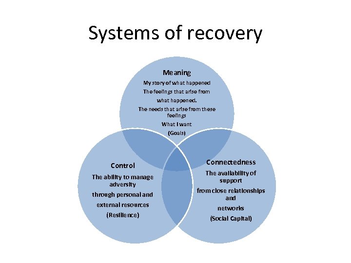 Systems of recovery Meaning My story of what happened The feelings that arise from