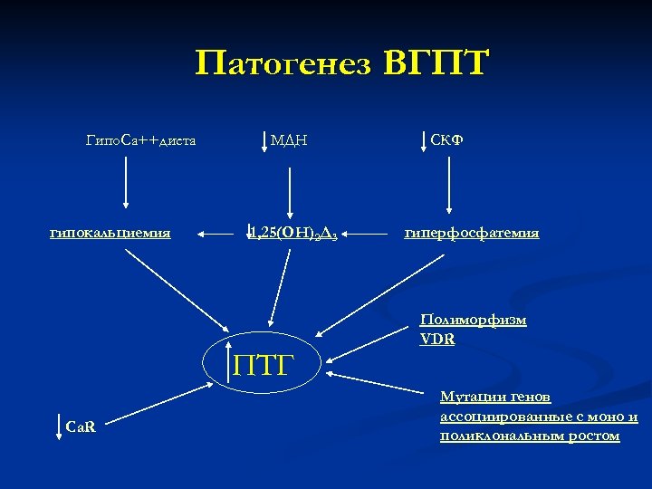 Патогенез ВГПТ Гипо. Са++диета гипокальциемия МДН 1, 25(ОН)2 Д 3 ПТГ Cа. R СКФ