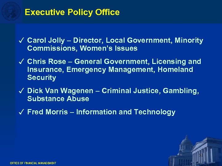Executive Policy Office 3 Carol Jolly – Director, Local Government, Minority Commissions, Women’s Issues