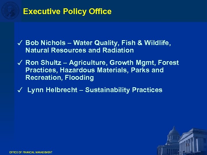 Executive Policy Office 3 Bob Nichols – Water Quality, Fish & Wildlife, Natural Resources