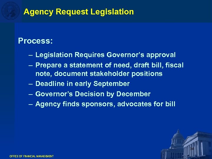 Agency Request Legislation Process: – Legislation Requires Governor’s approval – Prepare a statement of