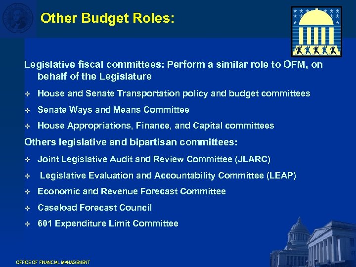 Other Budget Roles: Legislative fiscal committees: Perform a similar role to OFM, on behalf