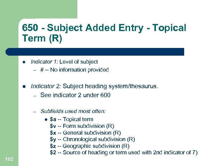 650 - Subject Added Entry - Topical Term (R) l Indicator 1: Level of