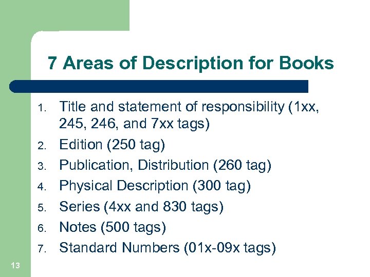7 Areas of Description for Books 1. 2. 3. 4. 5. 6. 7. 13