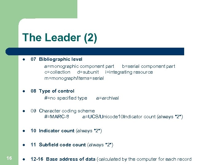 The Leader (2) l l 08 Type of control #=no specified type a=archival l