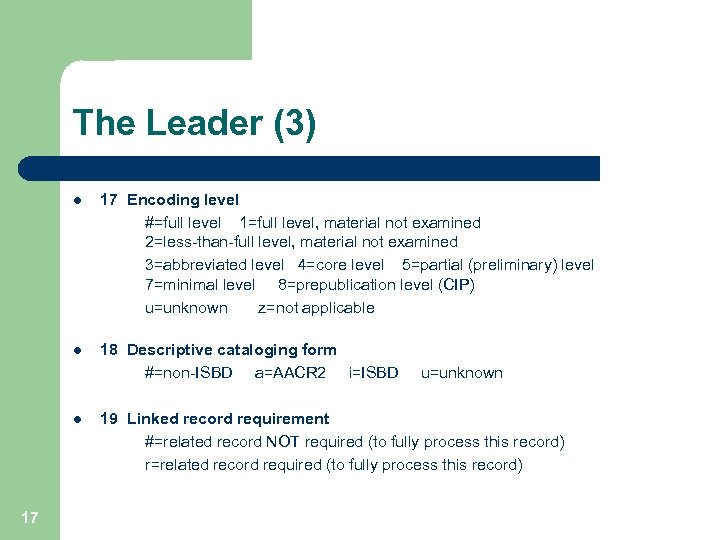 The Leader (3) l l 18 Descriptive cataloging form #=non-ISBD a=AACR 2 i=ISBD u=unknown