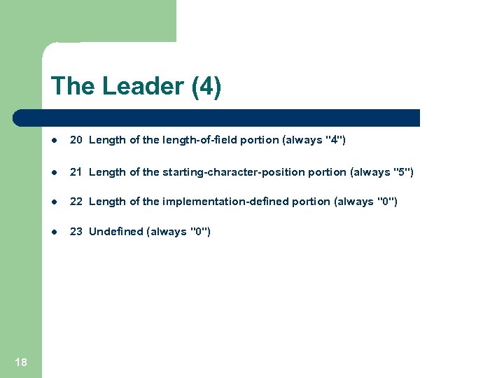 The Leader (4) l l 21 Length of the starting-character-position portion (always 
