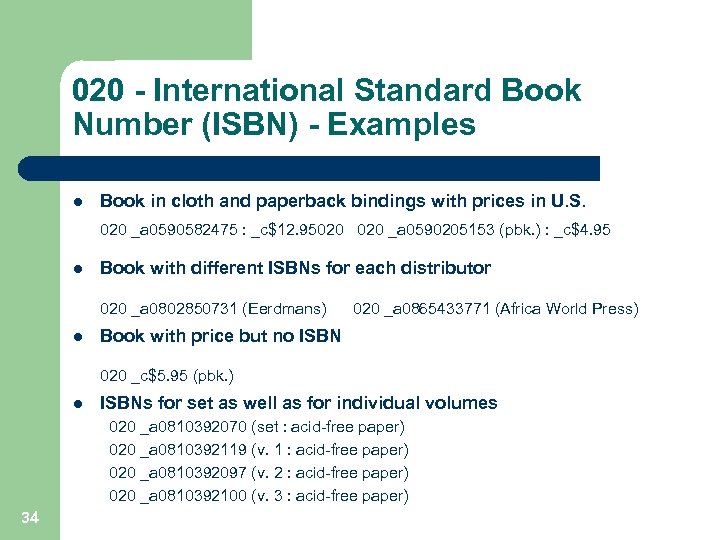 020 - International Standard Book Number (ISBN) - Examples l Book in cloth and