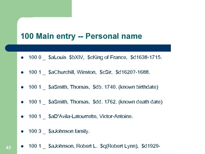 100 Main entry -- Personal name l l 100 1 _ $a. Churchill, Winston,