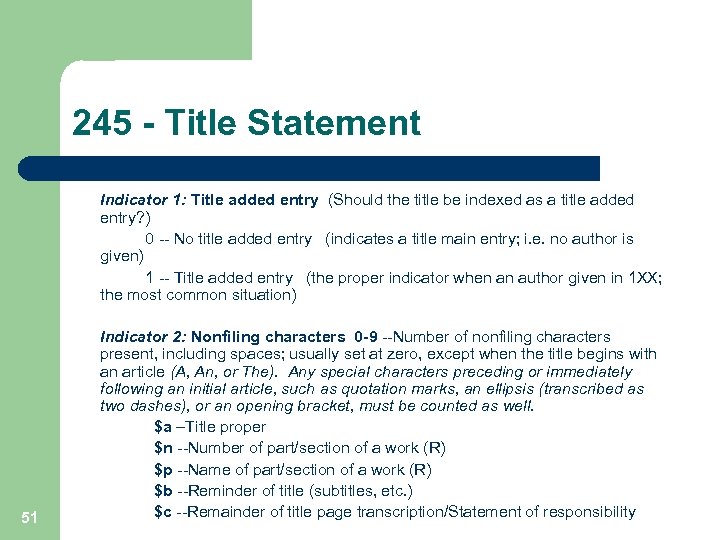 245 - Title Statement Indicator 1: Title added entry (Should the title be indexed