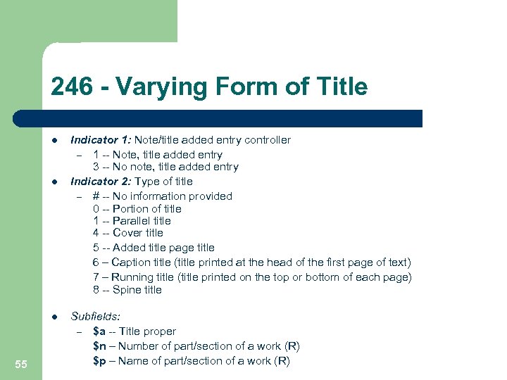 246 - Varying Form of Title l l l 55 Indicator 1: Note/title added