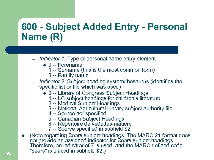 600 - Subject Added Entry - Personal Name (R) Indicator 1: Type of personal