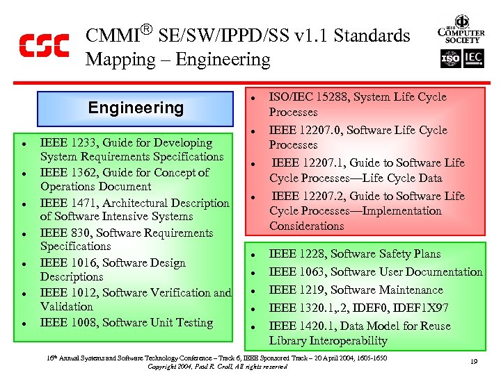 CMMI SE/SW/IPPD/SS v 1. 1 Standards Mapping – Engineering l l l l l