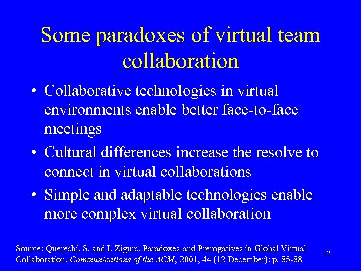 Some paradoxes of virtual team collaboration • Collaborative technologies in virtual environments enable better