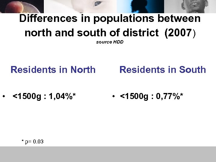 Differences in populations between north and south of district (2007) source HDD Residents in