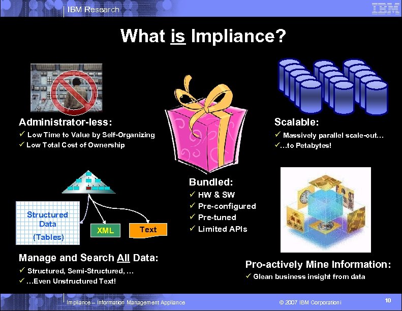 IBM Research What is Impliance? Administrator-less: Scalable: ü Low Time to Value by Self-Organizing