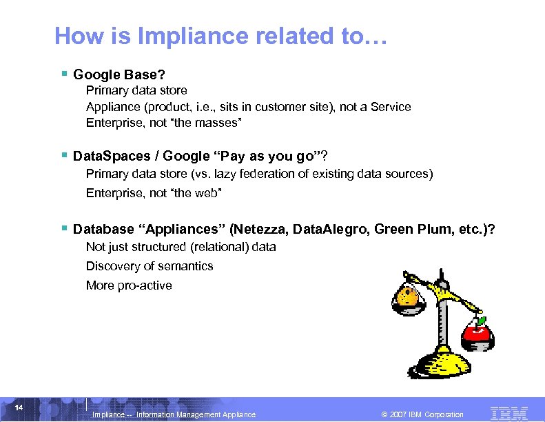 How is Impliance related to… § Google Base? Primary data store Appliance (product, i.